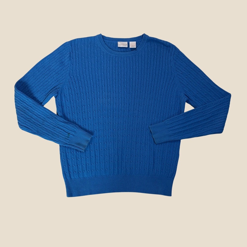 Blue Cable Knit Cotton Crewneck Sweater Ribbed Preppy Coastal Women's L